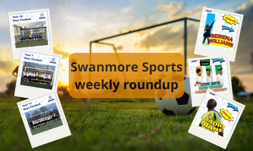 Image shows a football goal at sunset + 3 pictures of College football teams, 3 heros and villains and the text Swanmore Sport weekly roundup